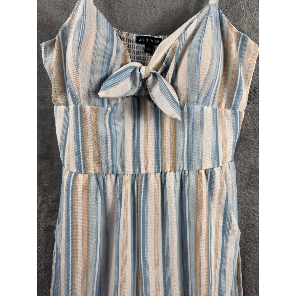 Womans Jumpsuit Striped With Bow Front By As U Wish Size L Blue & Beige - Picture 3 of 15